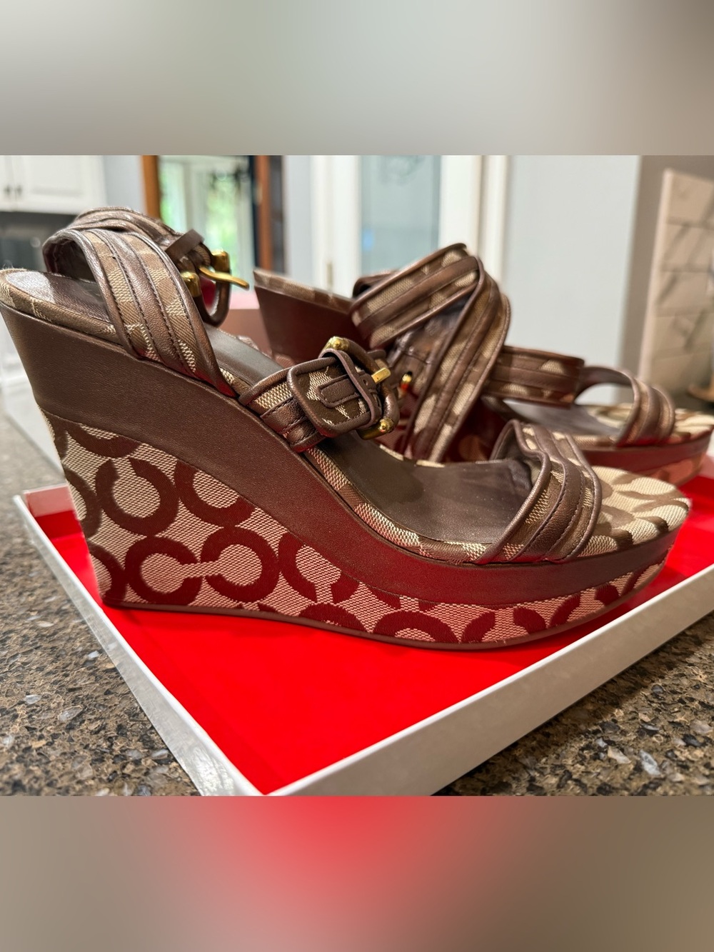 Coach Metallic Brown Logo Platform Wedges
